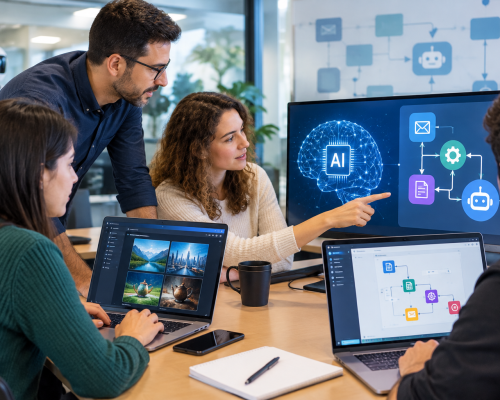 Equipo colaborando en innovación con IA