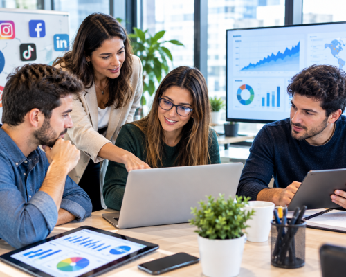 Equipo de marketing analizando datos juntos