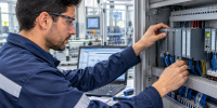 Técnico configurando un panel PLC industrial