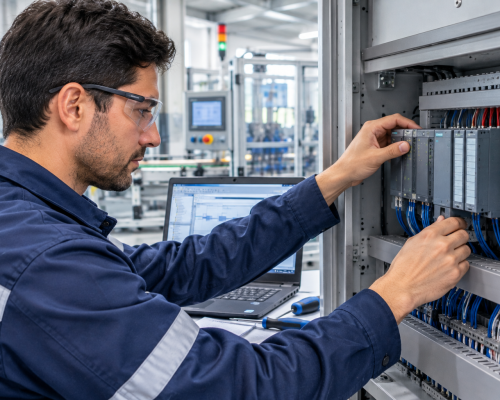 Técnico configurando un panel PLC industrial